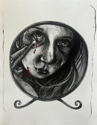 Lithography print using grease crayon on stone, black ink, and red pen 